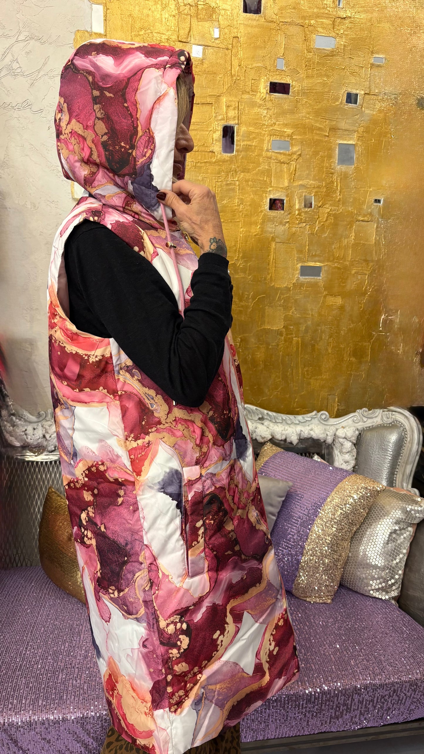 Gilè piumino con cappuccio lungo fantasia Ayfee