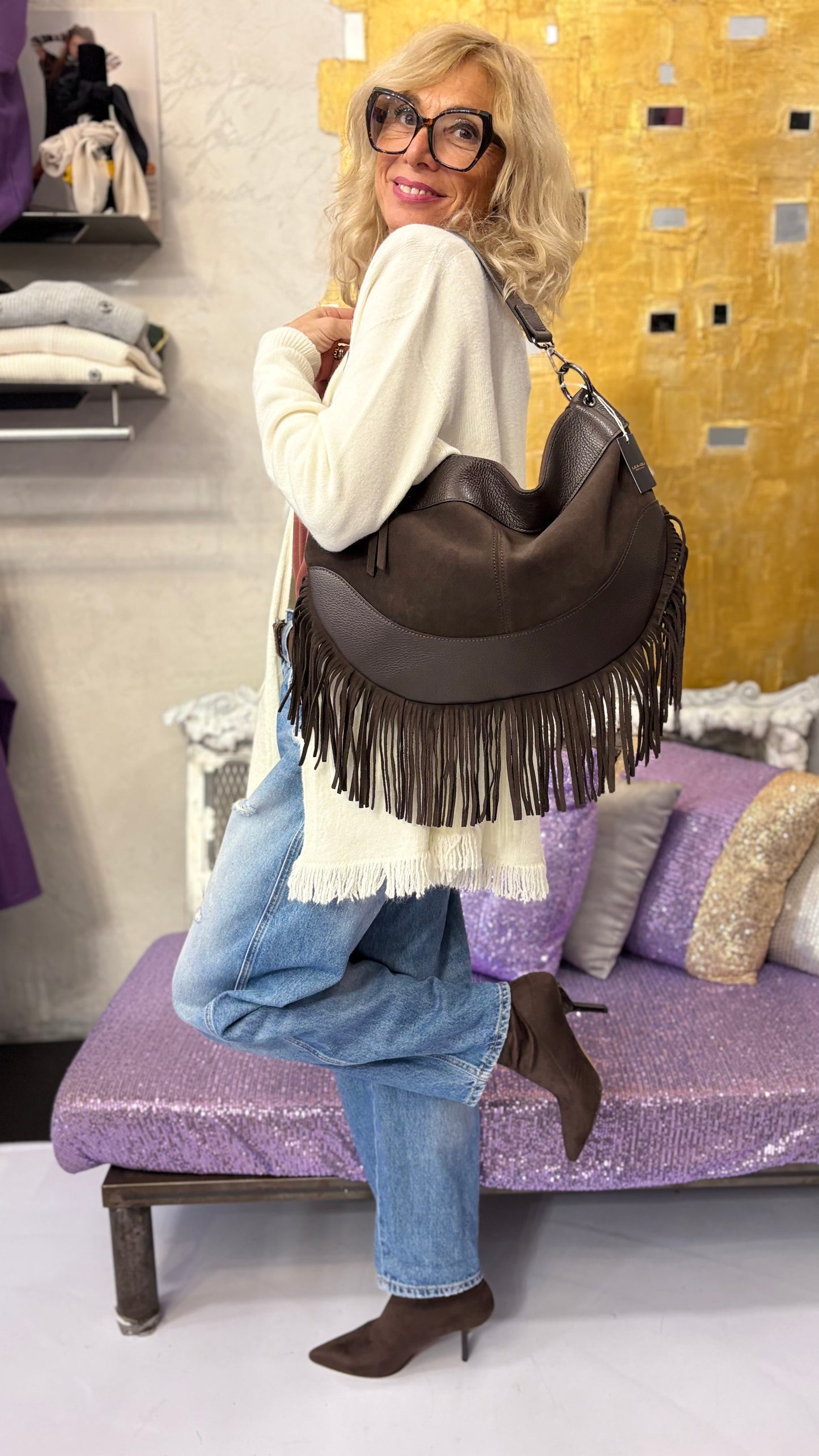 Borsa Frange mezza luna moro
