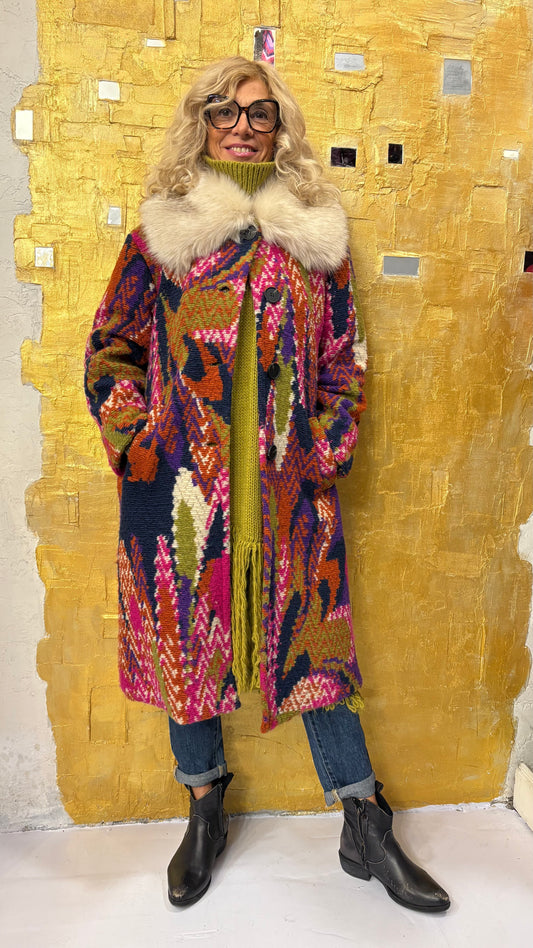 Cappotto jacquard Flower and chevron 100% pura lana