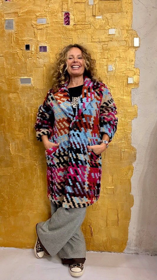 Cappotto midi jacquard Multicolor pied de poule 100% pura lana