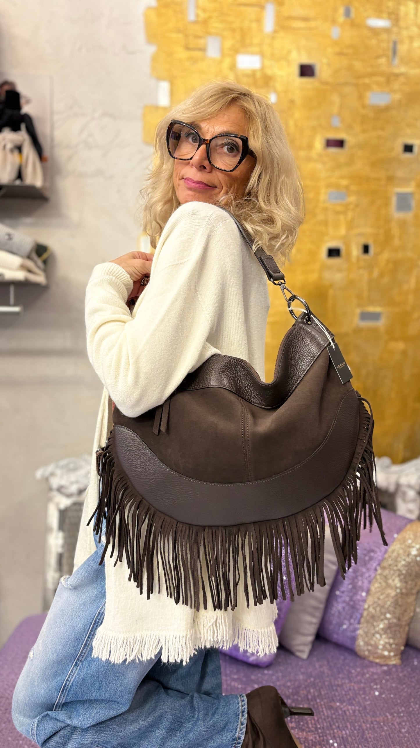 Borsa Frange mezza luna moro