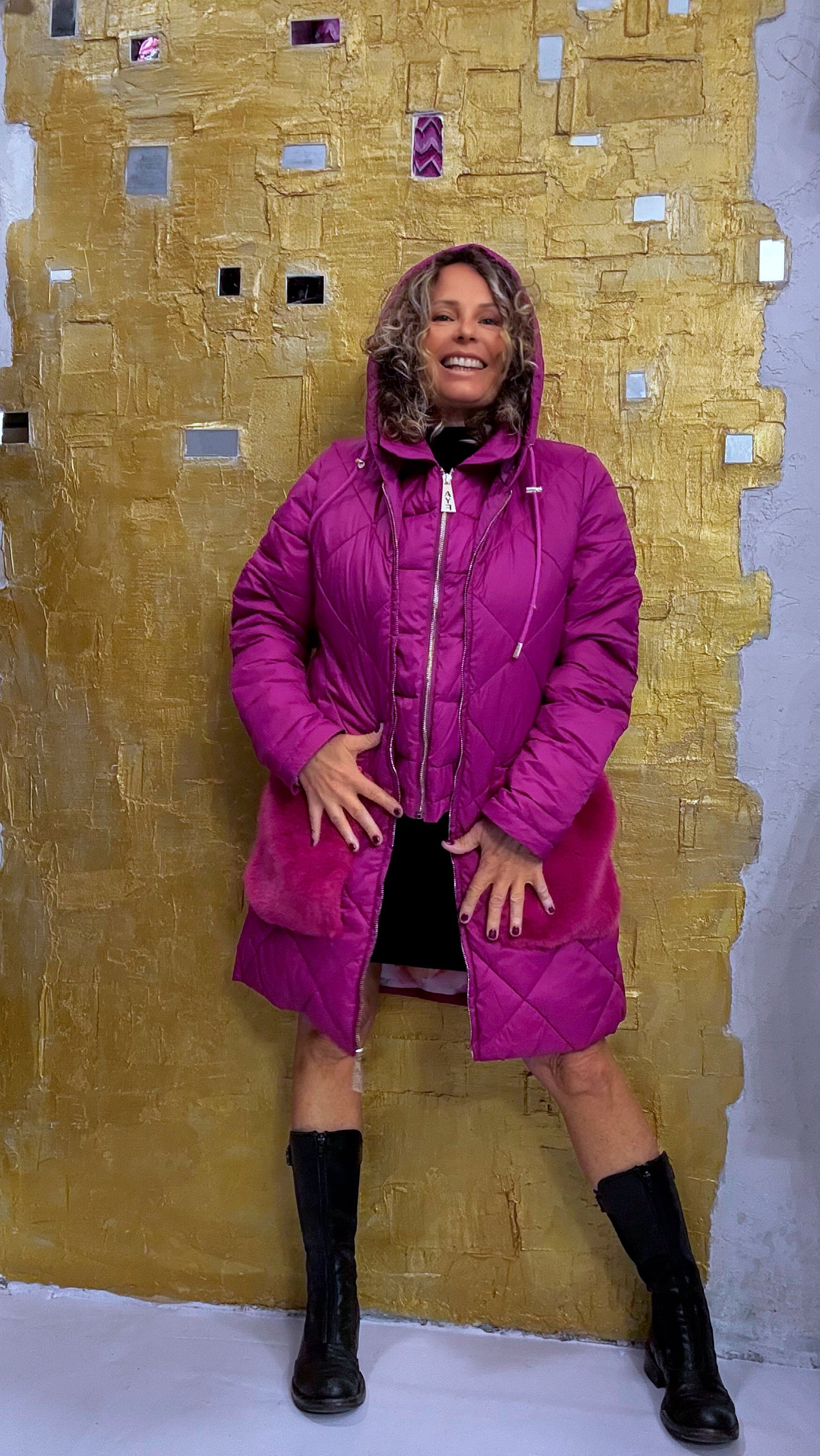 Gilè piumino con cappuccio lungo tasche ecopelliccia Ayfee