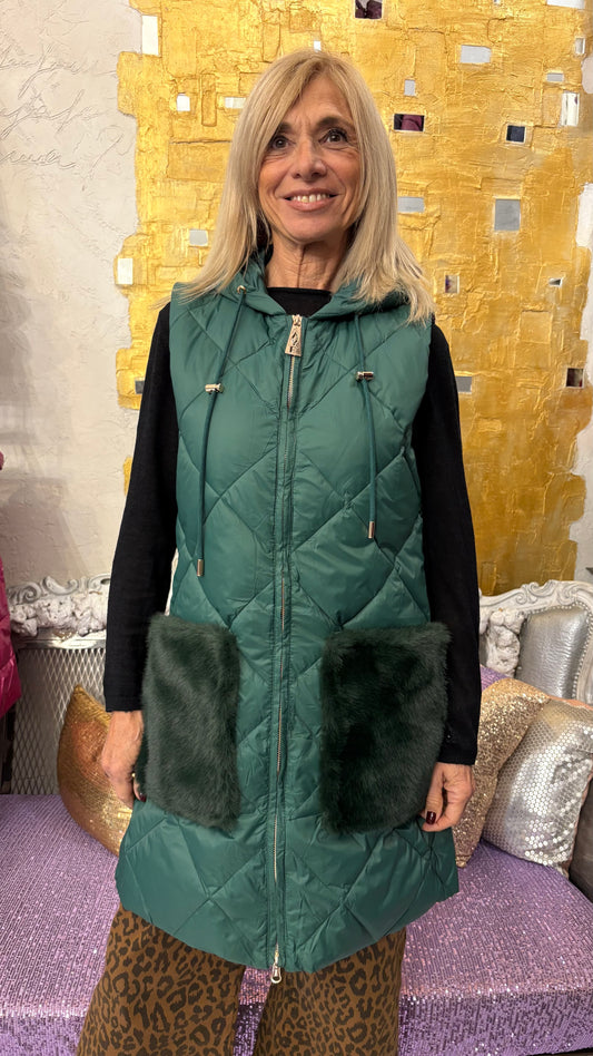 Gilè piumino con cappuccio lungo tasche ecopelliccia Ayfee