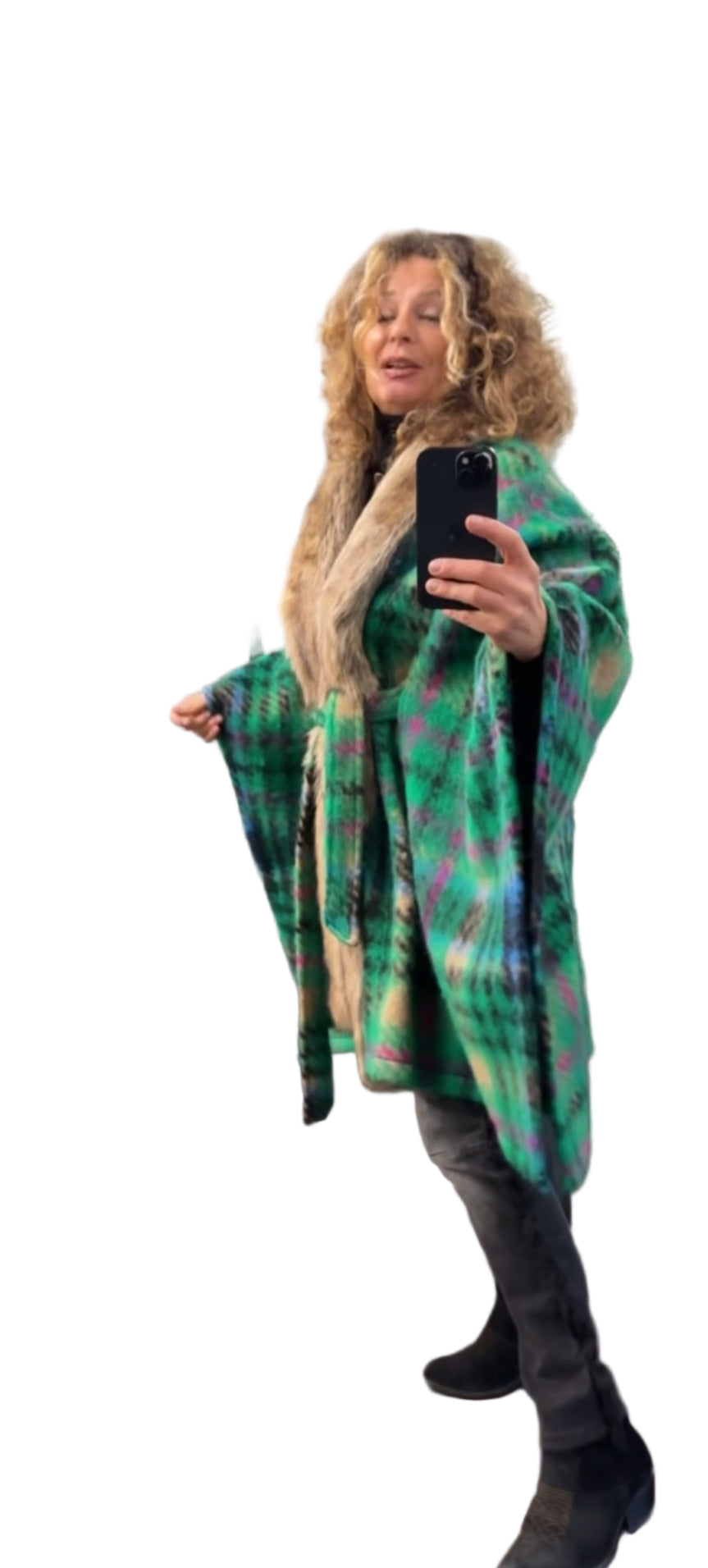 mantella con eco pelliccia e cintura in vita 100% pura lana