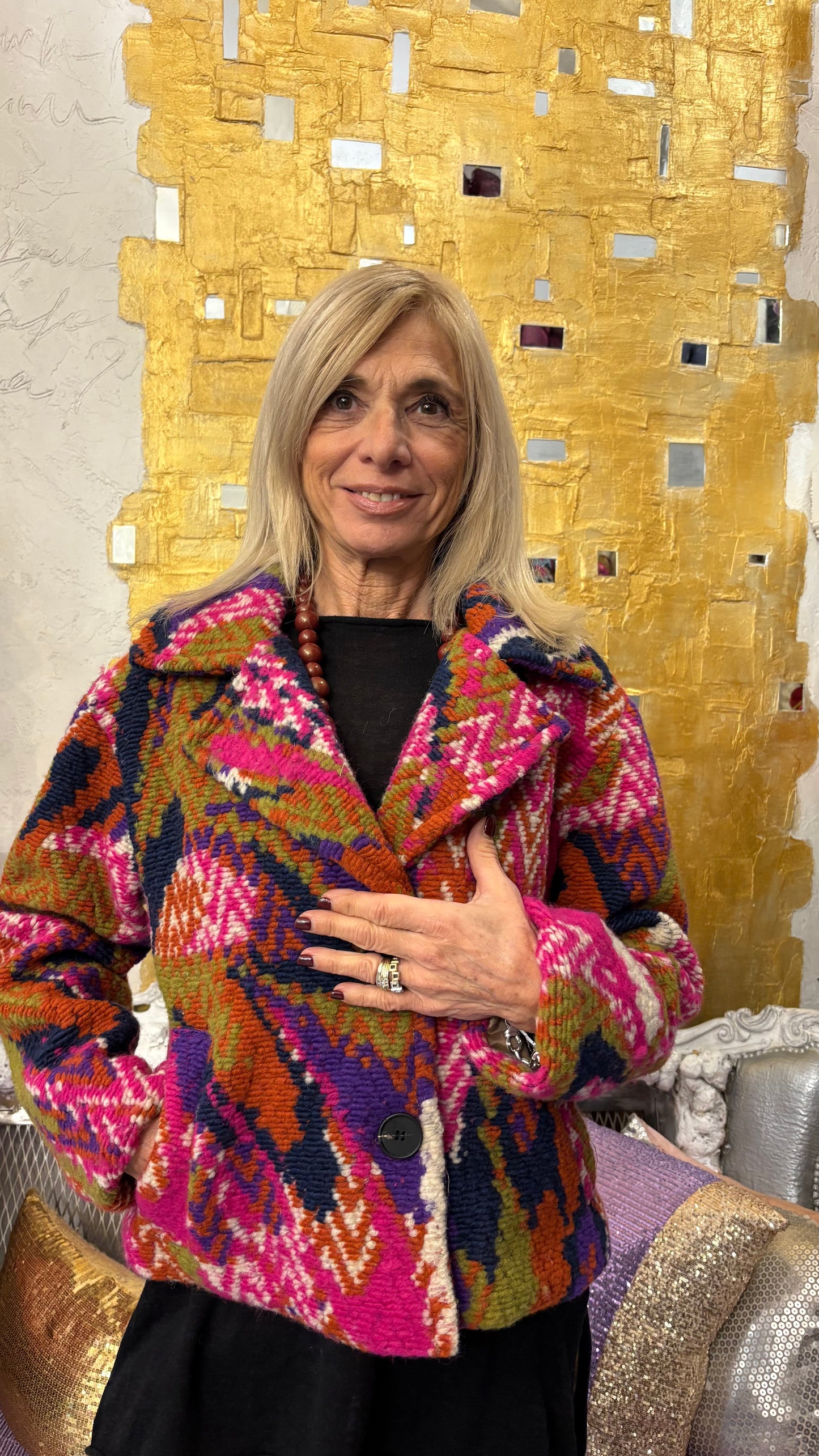 Giacca  corta jacquard Multicolor pied de poule 100% pura lana